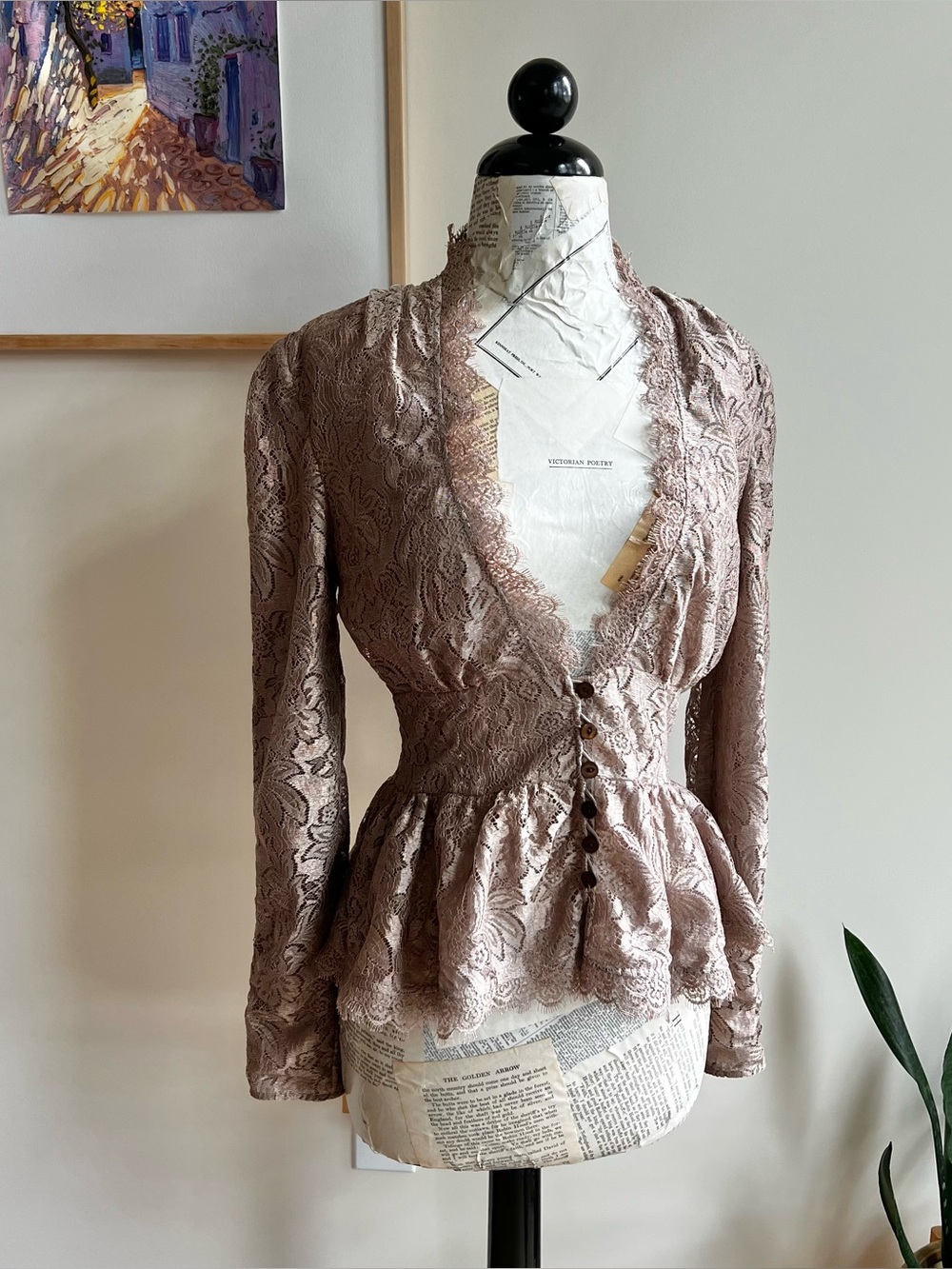Handmade Taupe Lace Trim Blouse